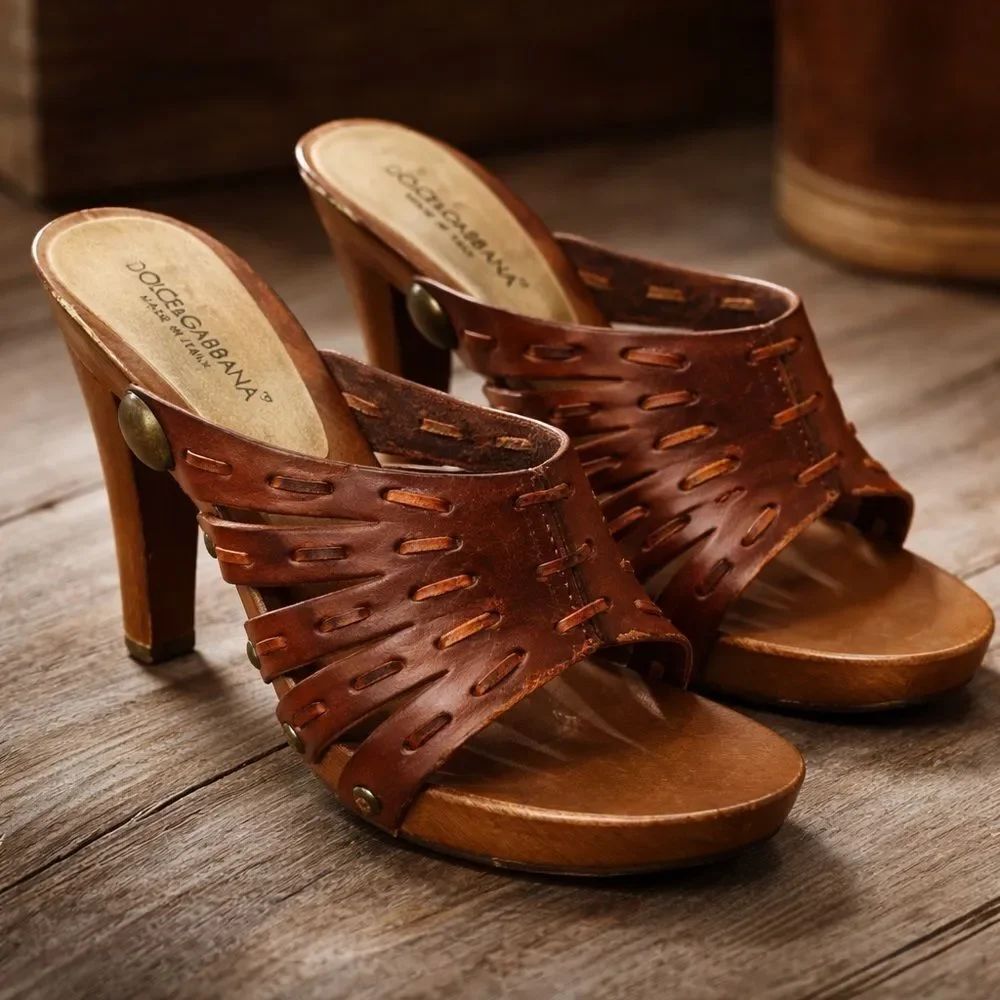 Dolce & Gabbana Vintage Wood Leather Platform sandal